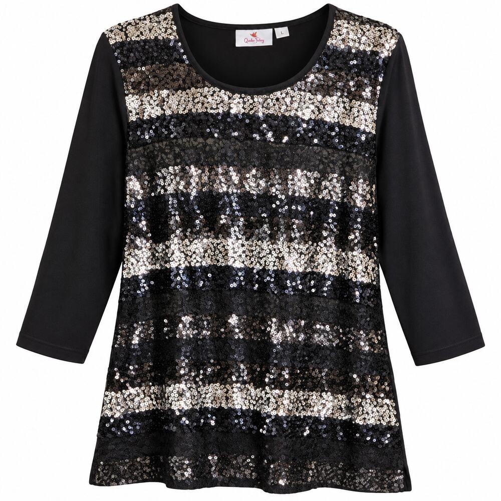 Quacker Factory Sequin Lace Stripe Top Black Silver 3/4 Sleeve Large